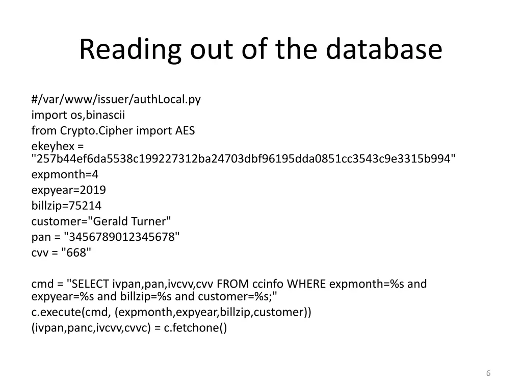 reading out of the database