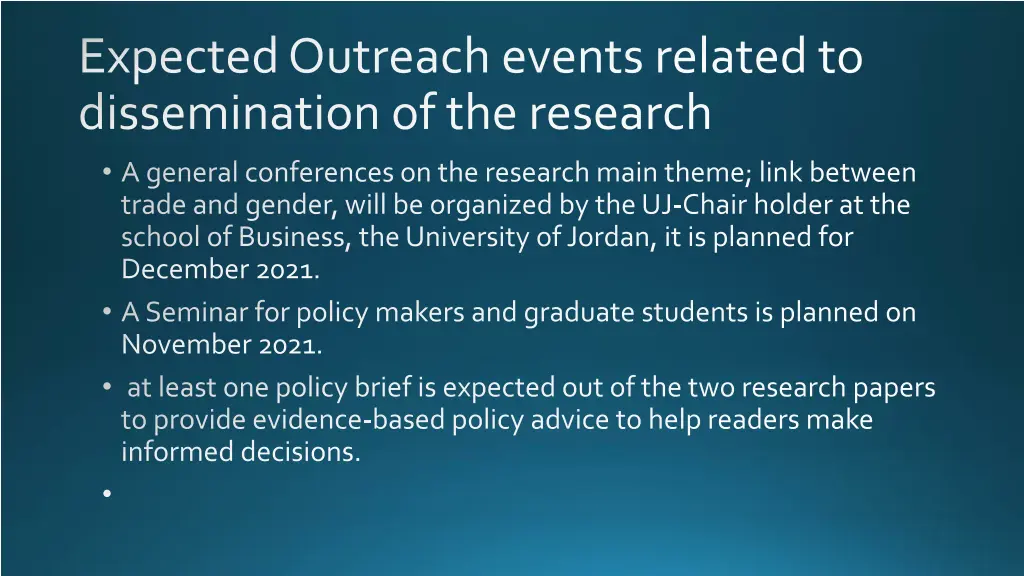 expected outreach events related to dissemination