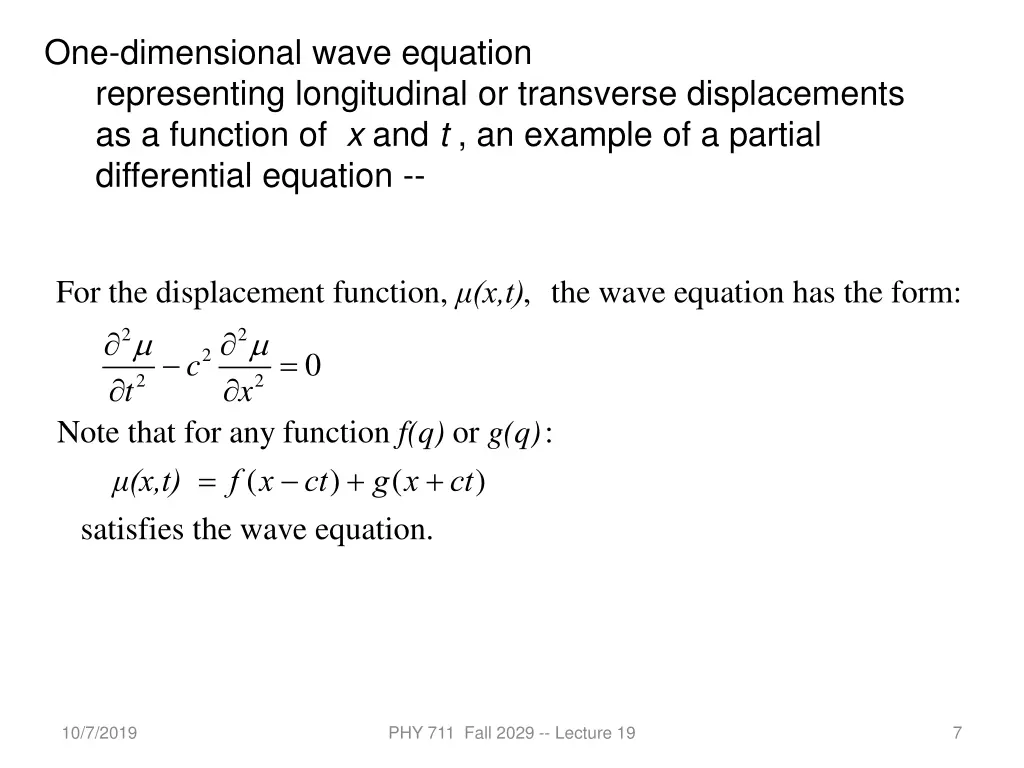 one dimensional wave equation representing