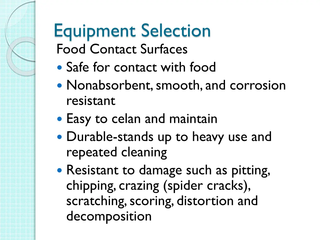 equipment selection food contact surfaces safe
