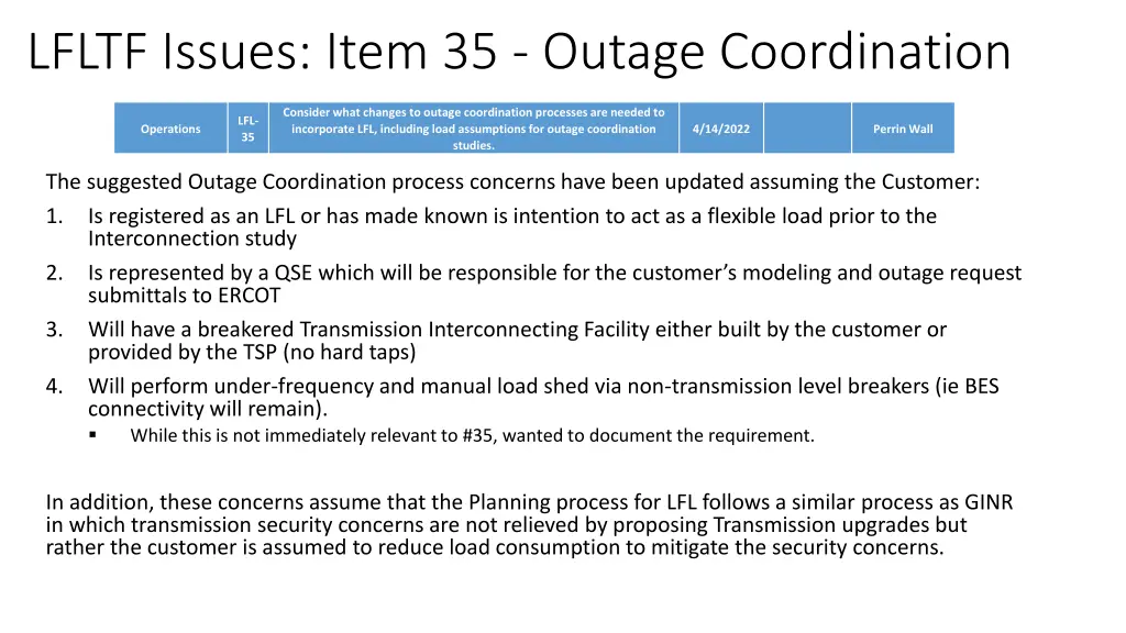 lfltf issues item 35 outage coordination