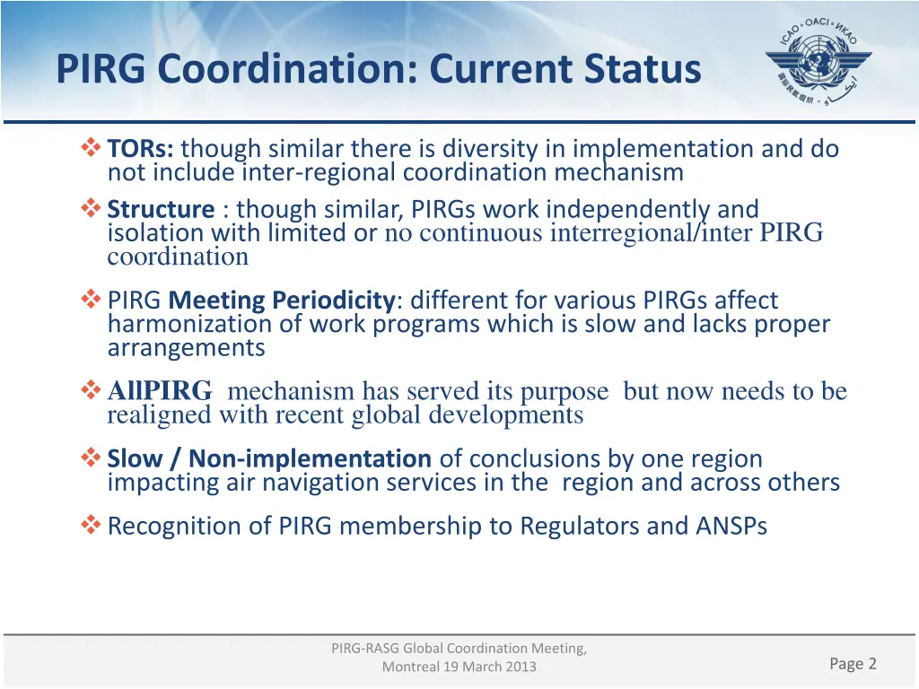 pirg coordination current status