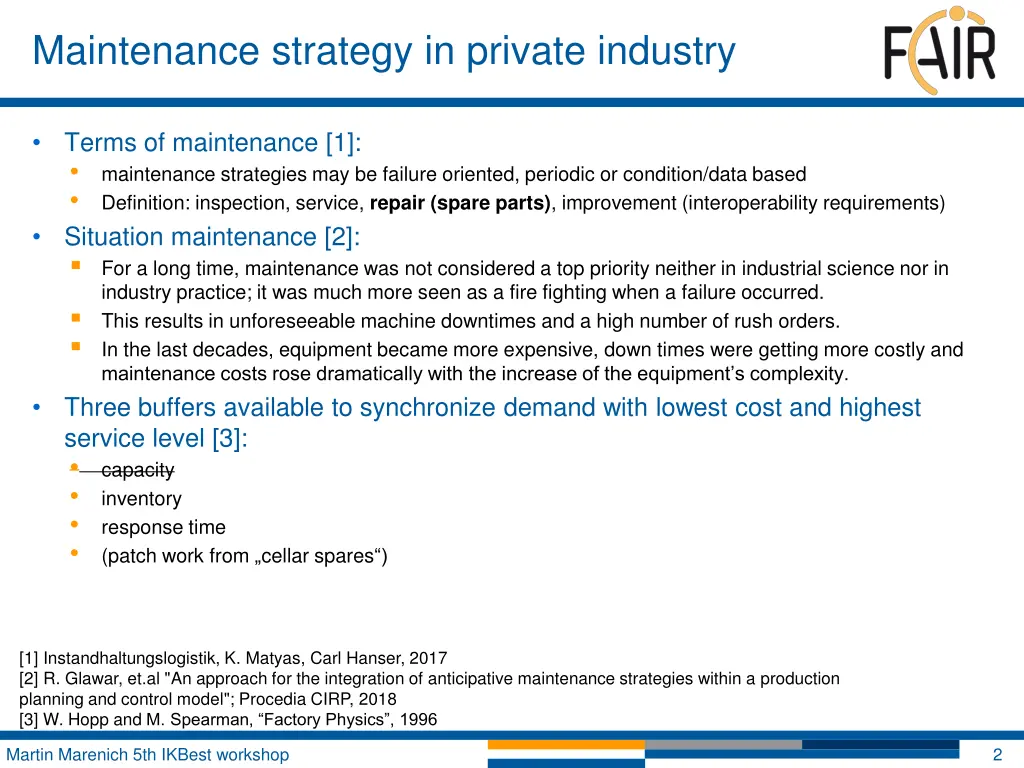 maintenance strategy in private industry