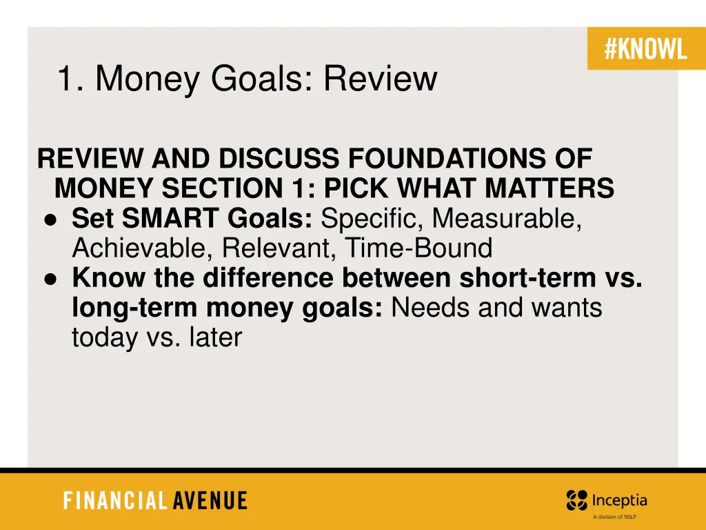 1 money goals review