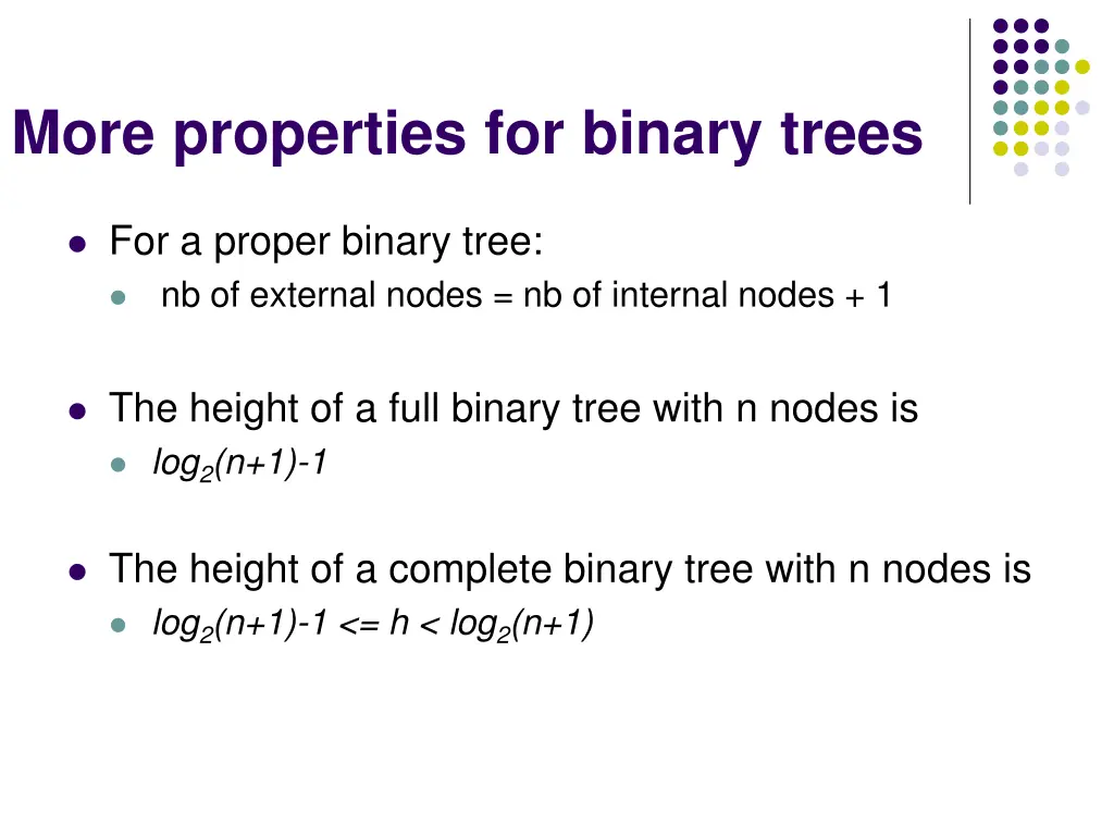 more properties for binary trees