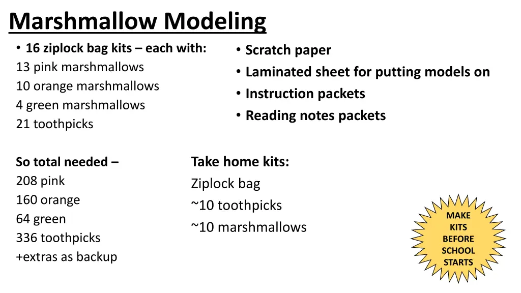 marshmallow modeling 16 ziplock bag kits each