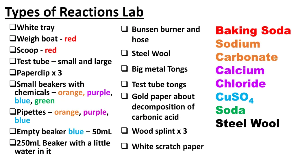 types of reactions lab white tray weigh boat