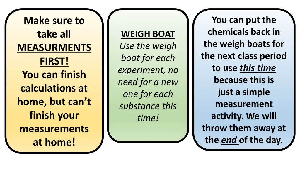 you can put the chemicals back in the weigh boats