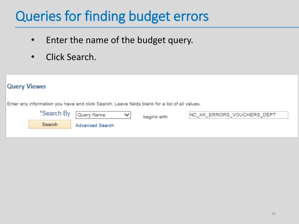 queries for finding budget errors queries 1