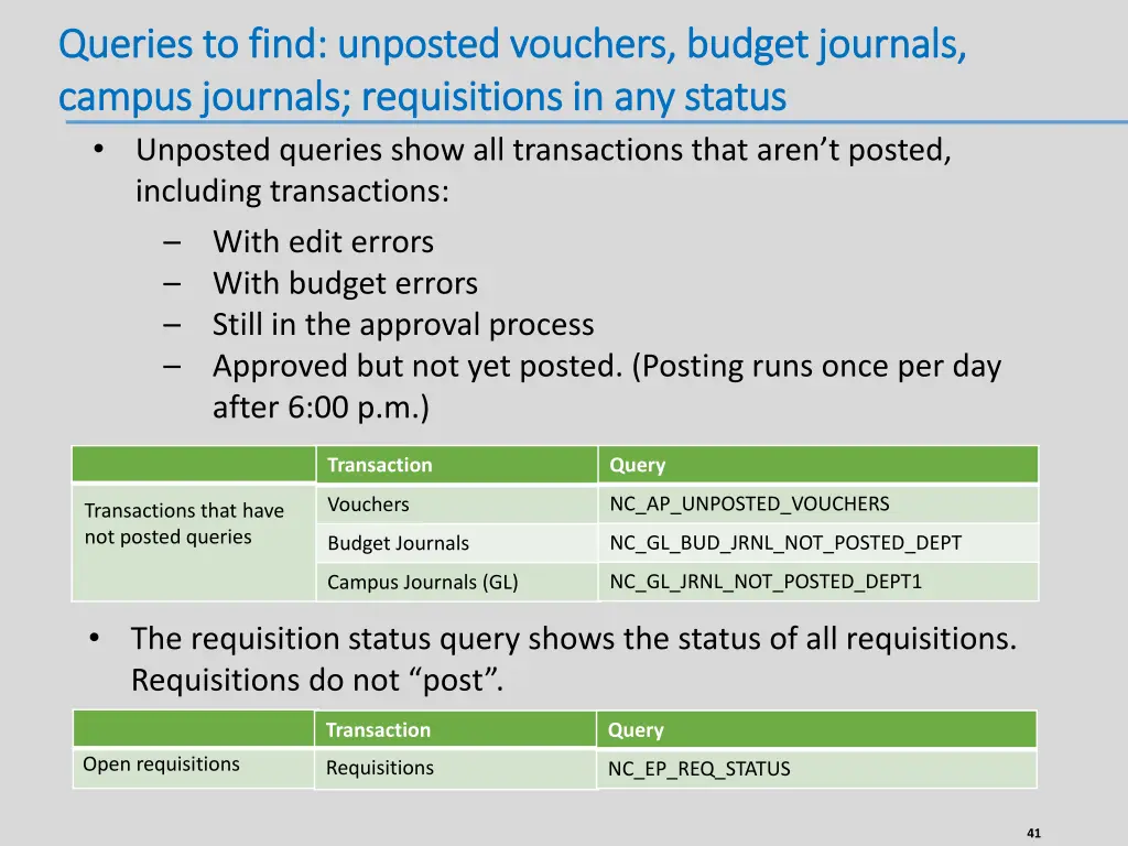 queries to find unposted vouchers budget journals 1