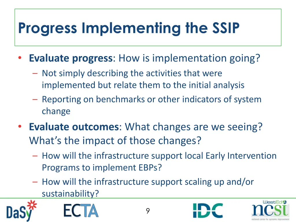 progress implementing the ssip