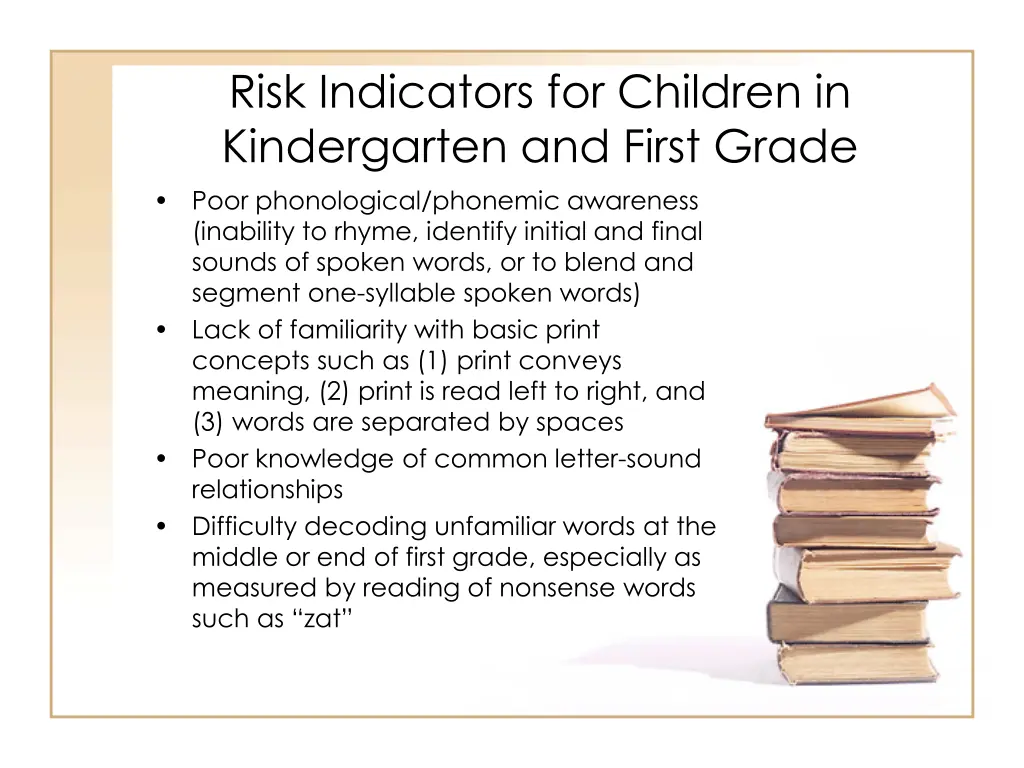 risk indicators for children in kindergarten