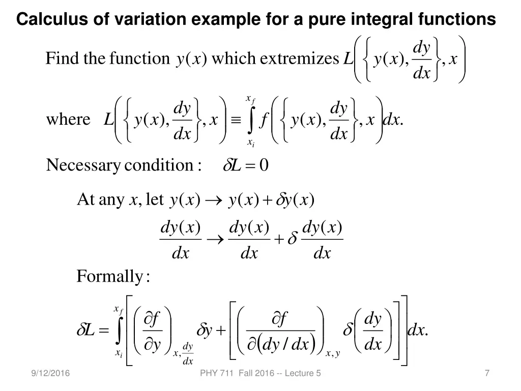 calculus of variation example for a pure integral