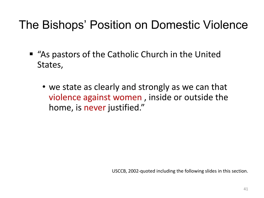 the bishops position on domestic violence