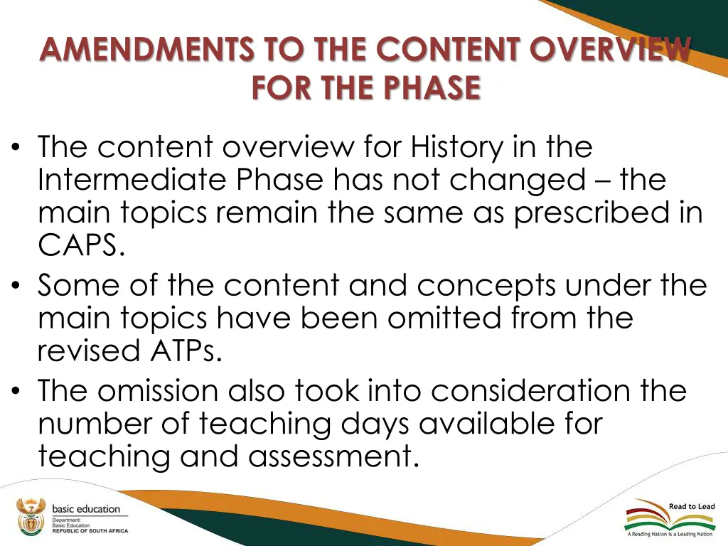 amendments to the content overview for the phase 1
