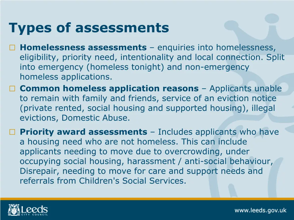types of assessments homelessness assessments