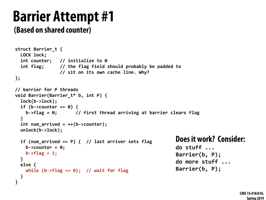 struct barrier t lock lock int counter initialize
