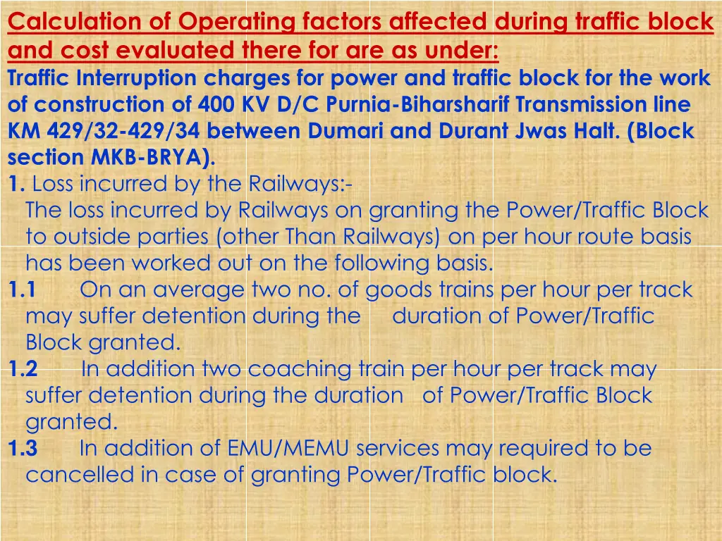 calculation of operating factors affected during