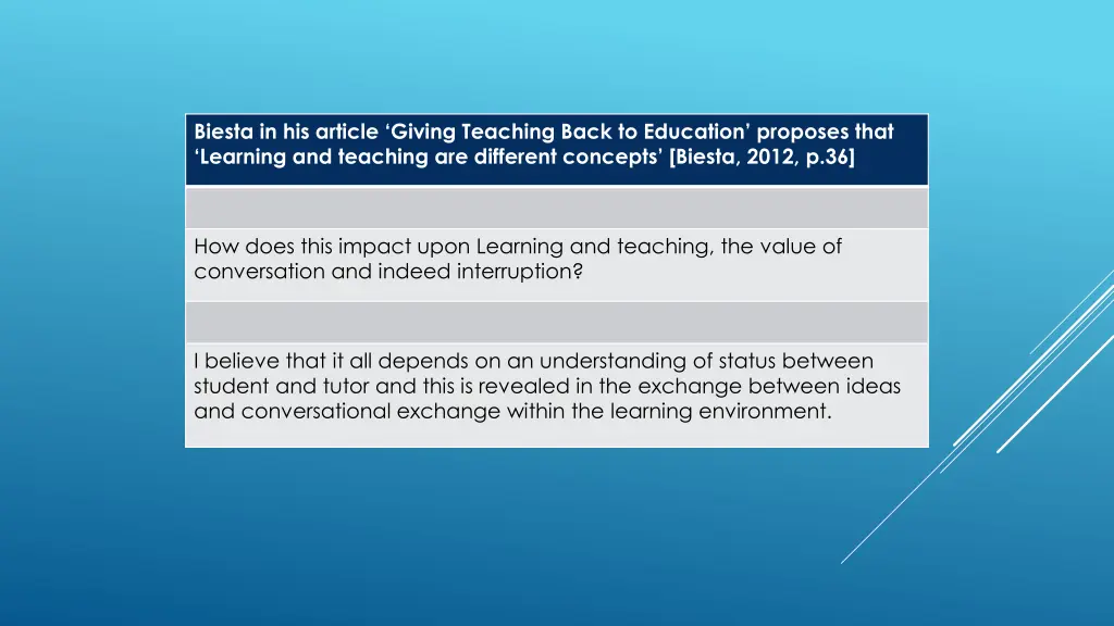 biesta in his article giving teaching back