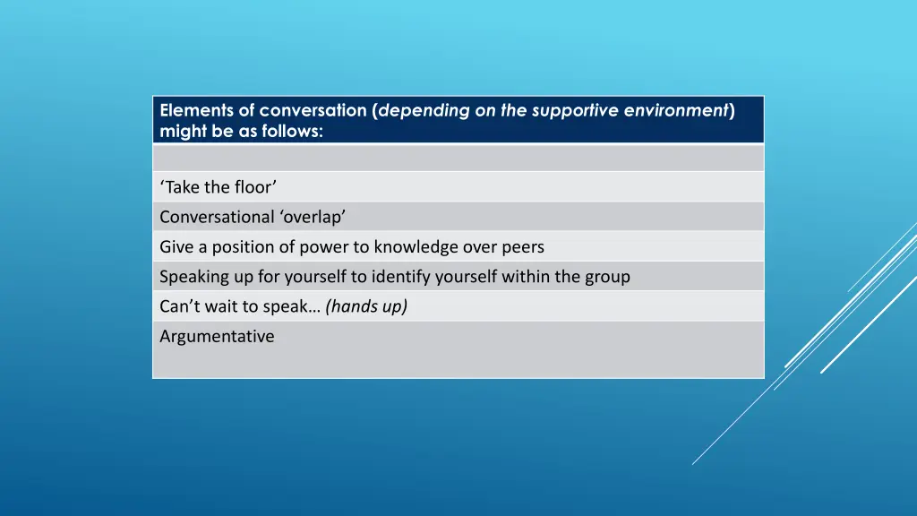 elements of conversation depending