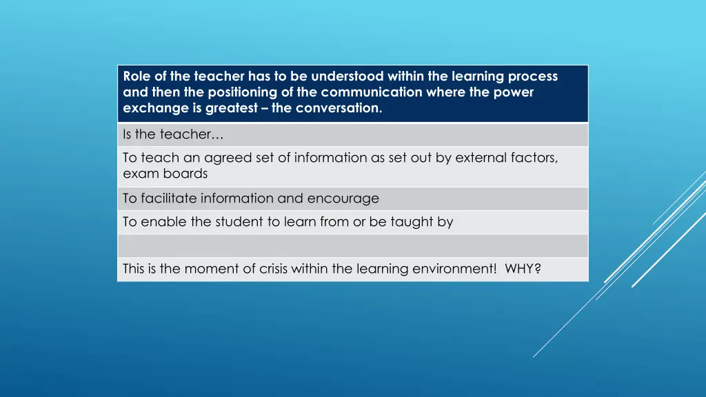role of the teacher has to be understood within
