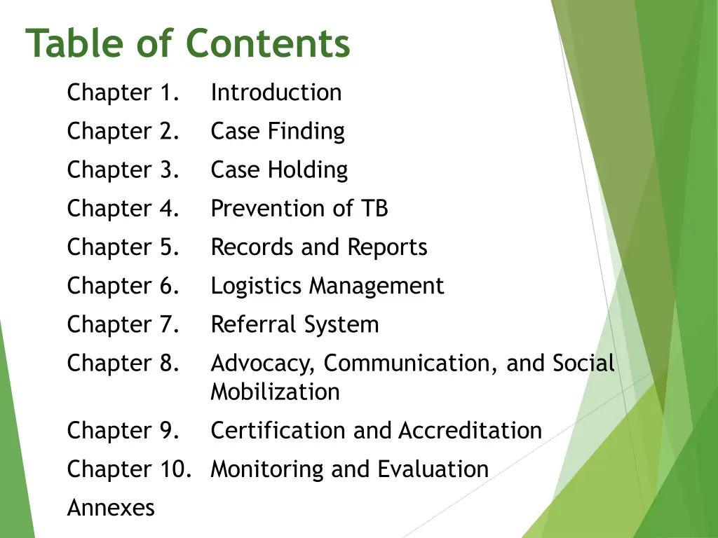 table of contents