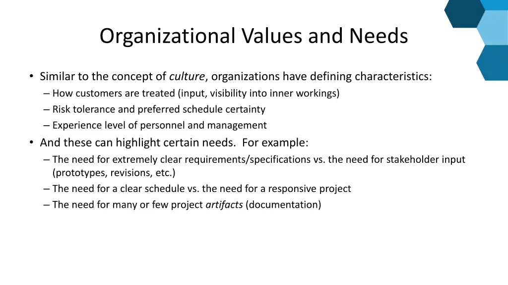 organizational values and needs