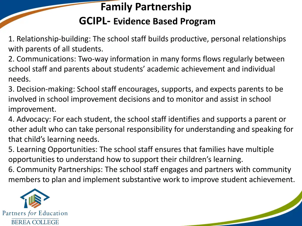 family partnership gcipl evidence based program