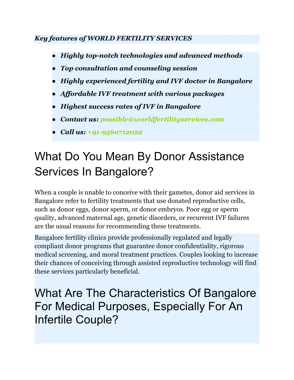 key features of world fertility services