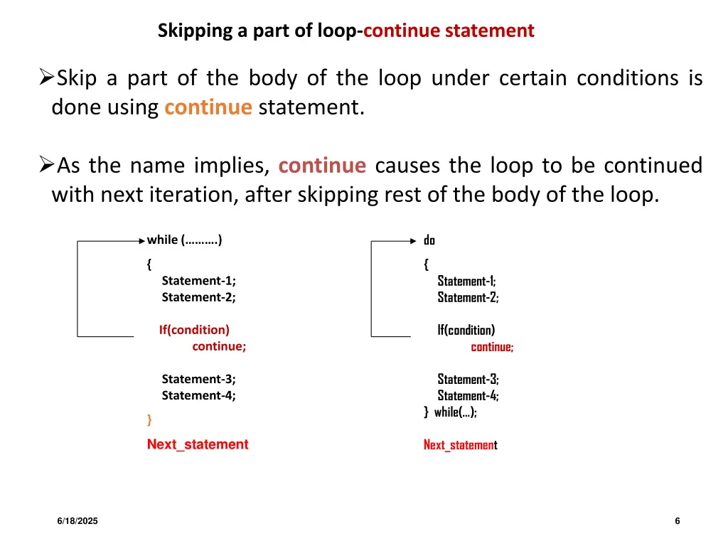 skipping a part of loop continue statement