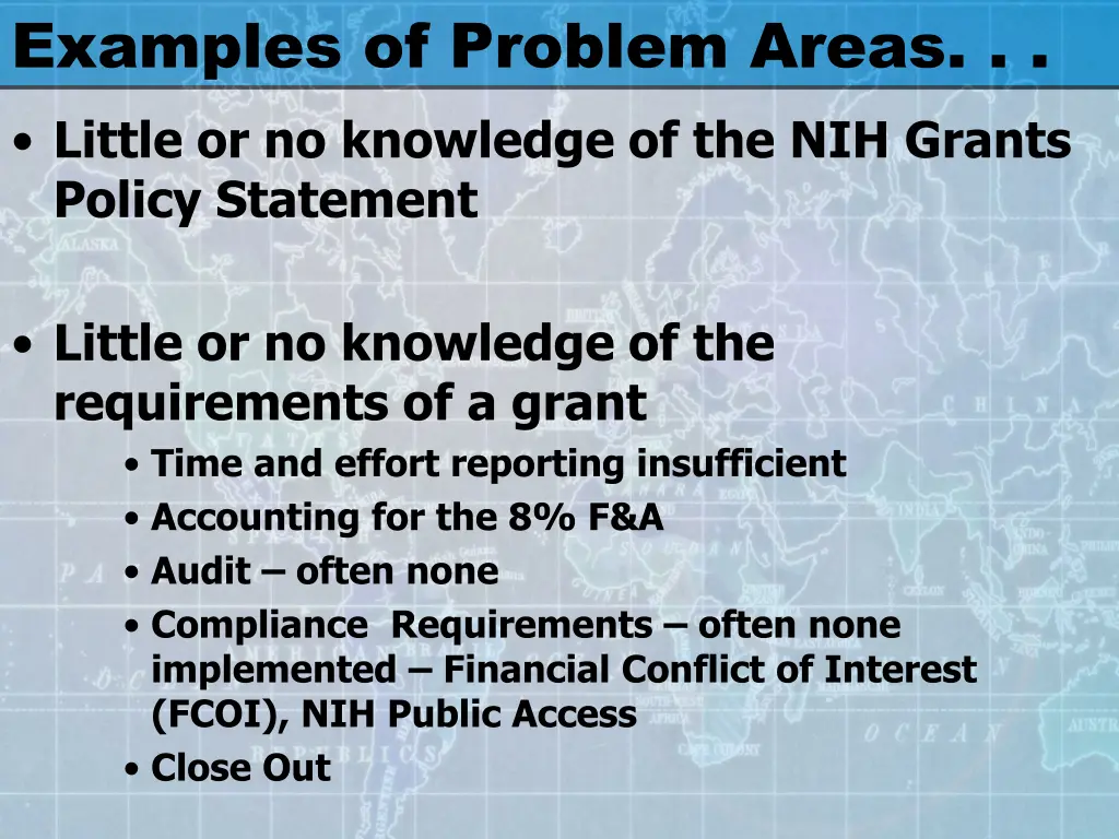 examples of problem areas little or no knowledge