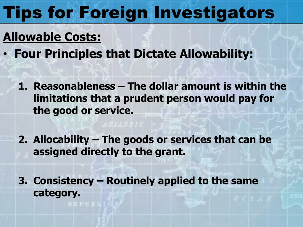 tips for foreign investigators allowable costs