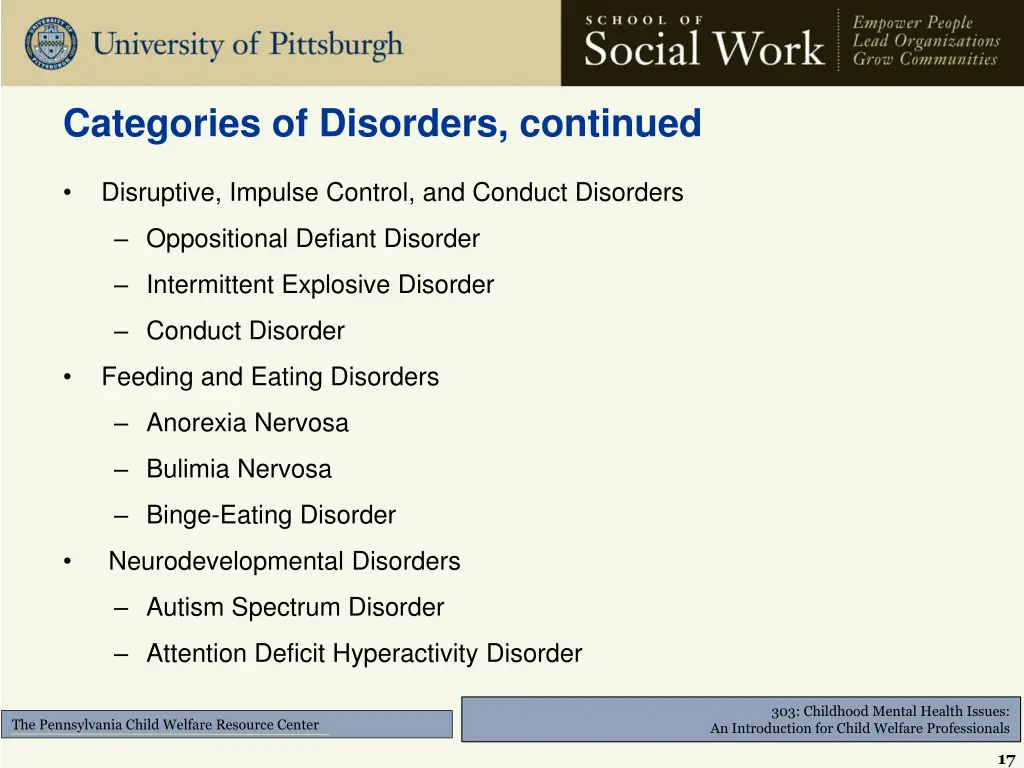 categories of disorders continued
