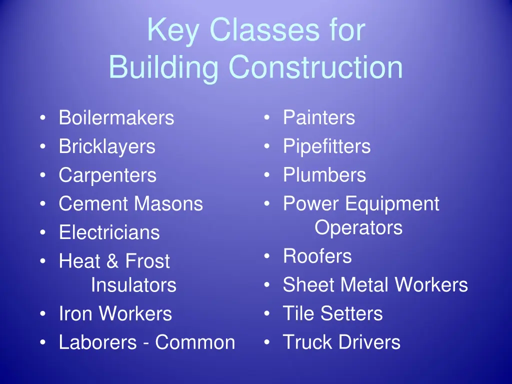 key classes for building construction