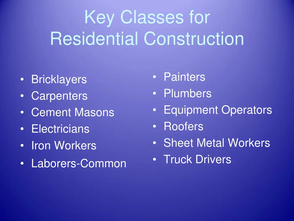 key classes for residential construction