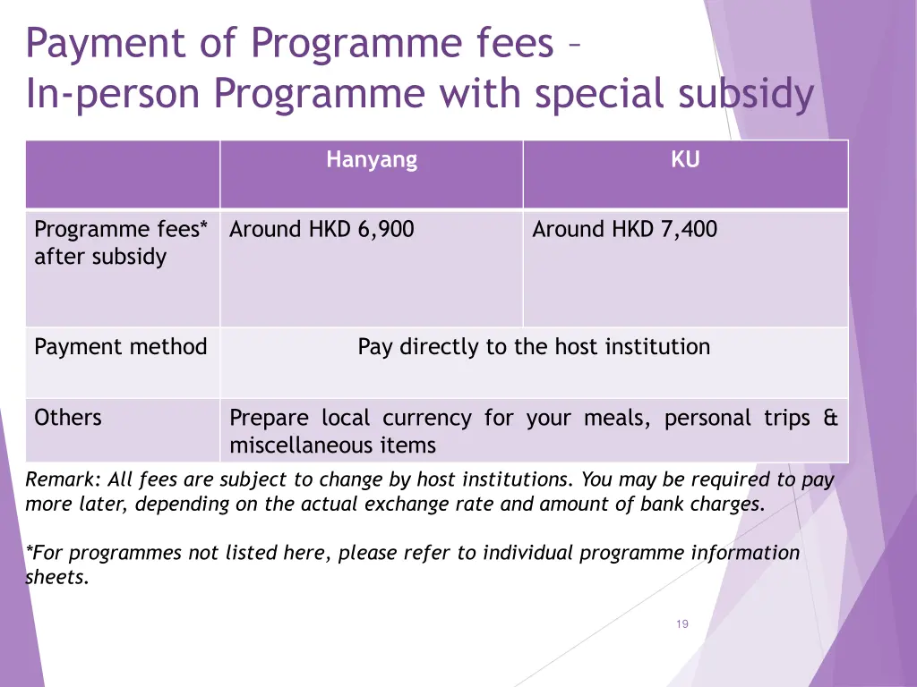 payment of programme fees in person programme