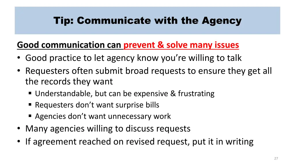 tip communicate with the agency