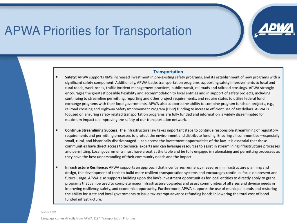 apwa priorities for transportation