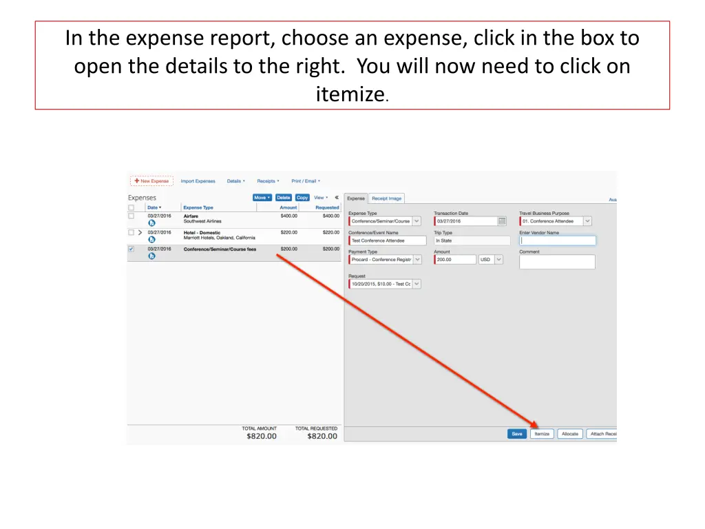 in the expense report choose an expense click