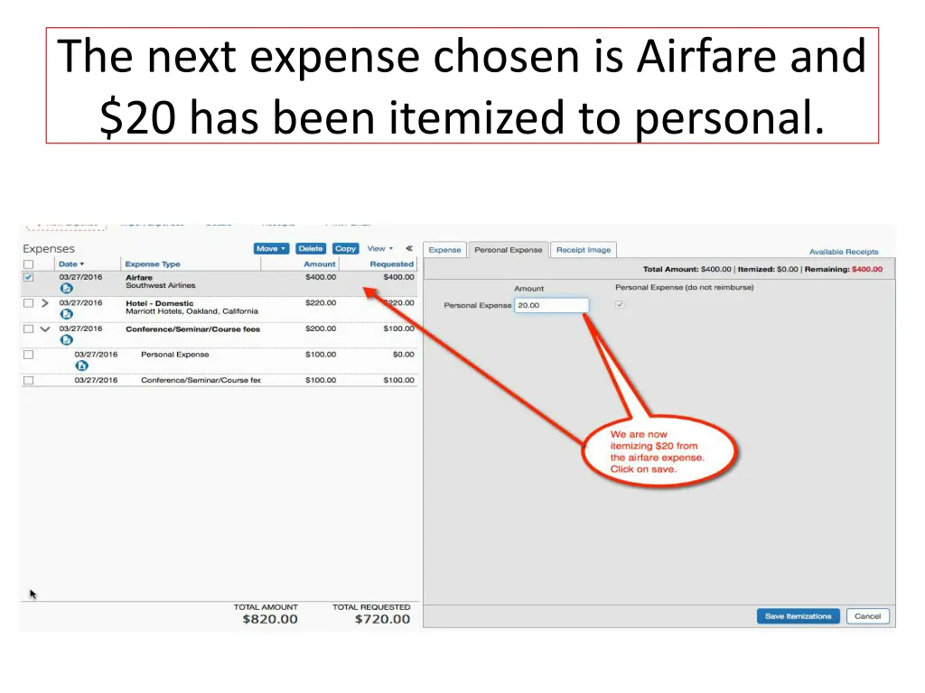 the next expense chosen is airfare