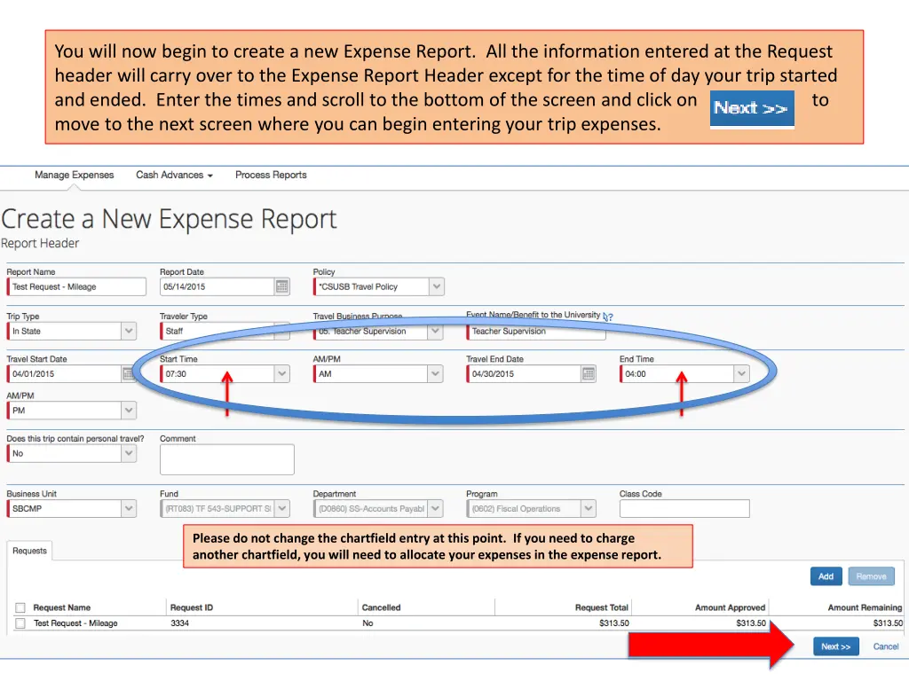you will now begin to create a new expense report