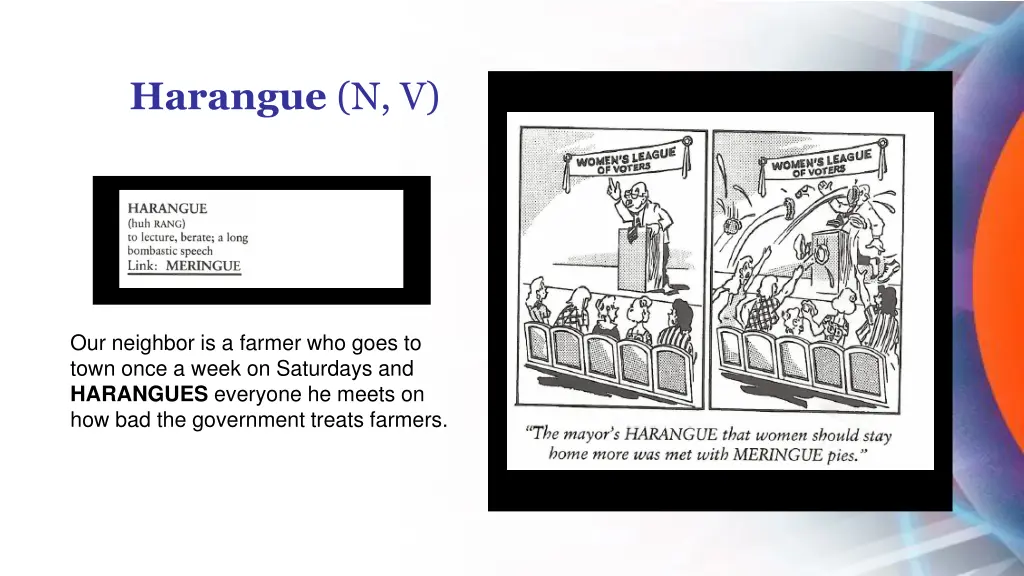 harangue n v