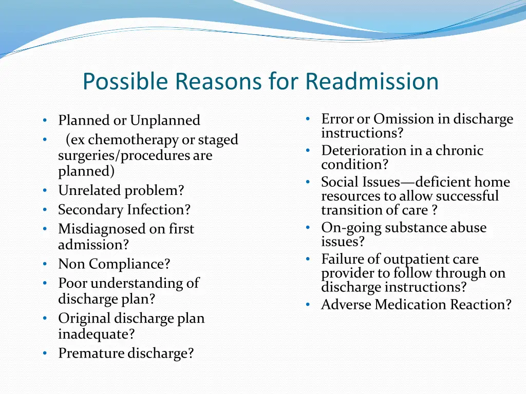 possible reasons for readmission