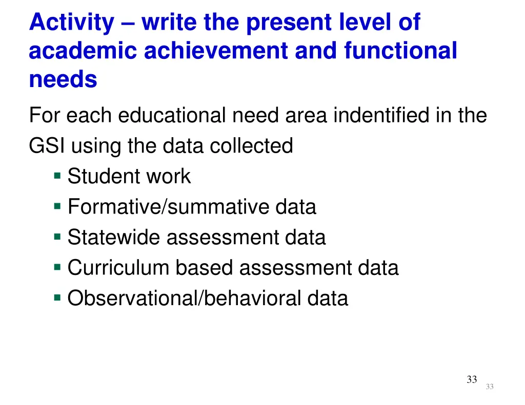 activity write the present level of academic