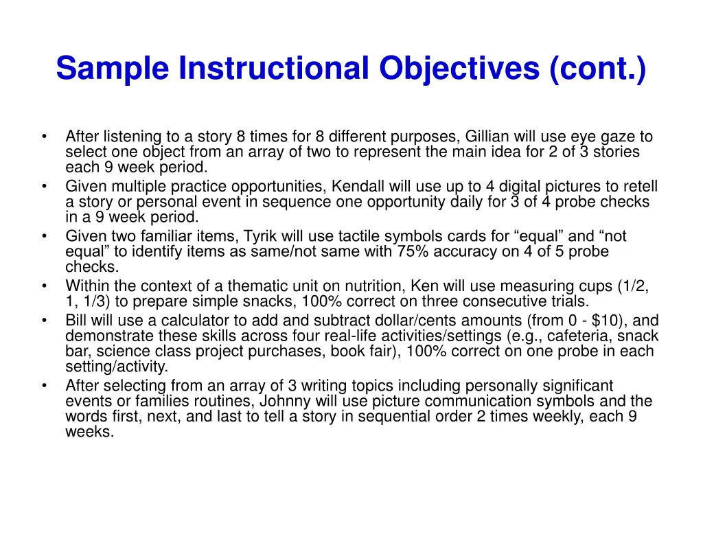 sample instructional objectives cont