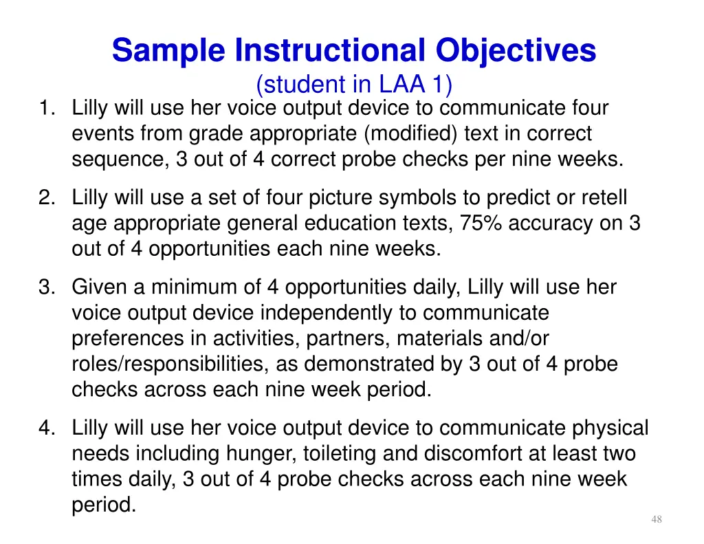 sample instructional objectives student in laa 1