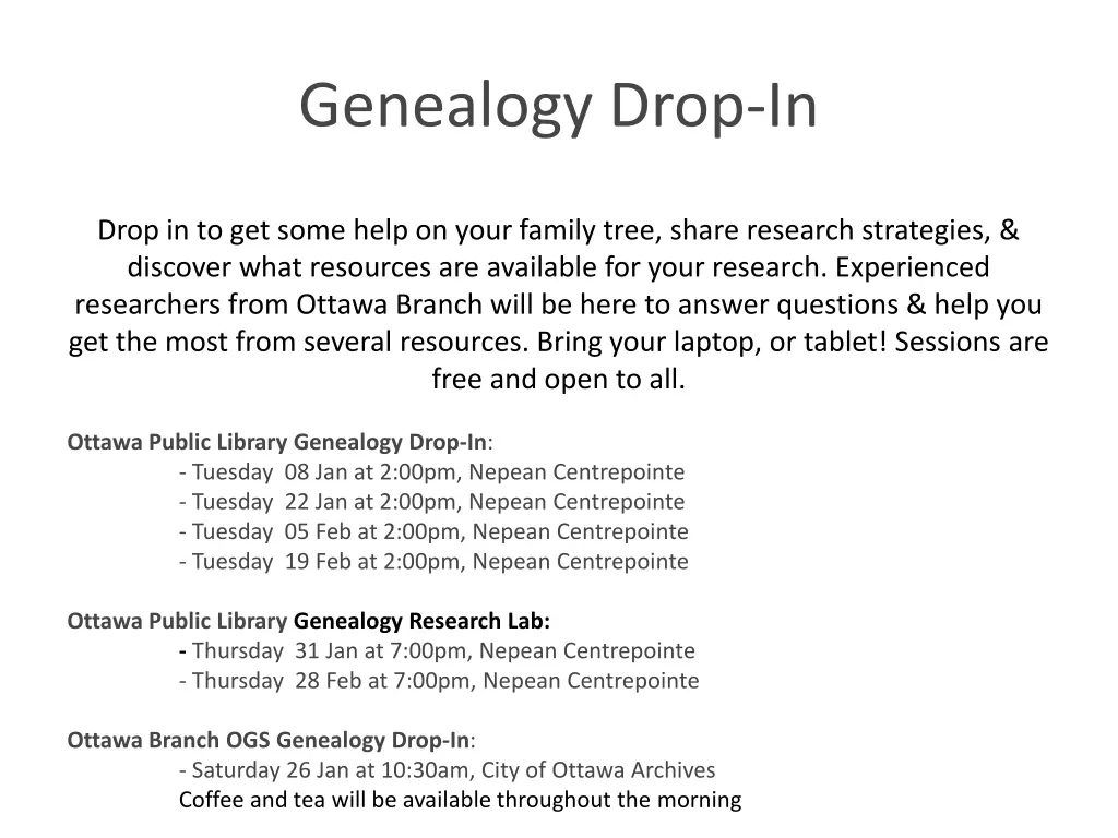 genealogy drop in