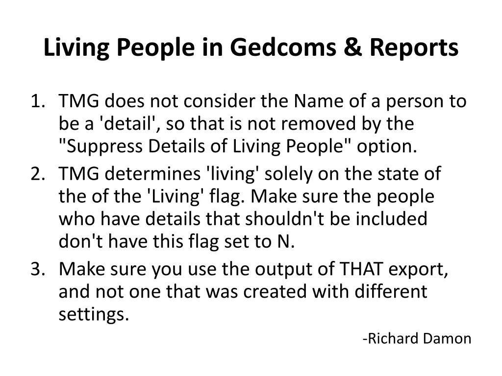living people in gedcoms reports