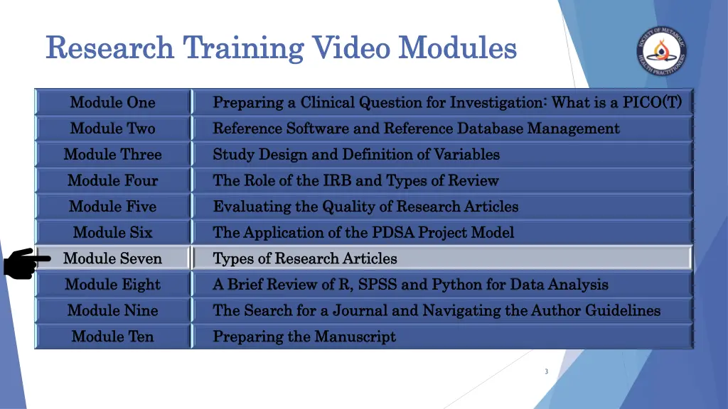 research training video modules research training