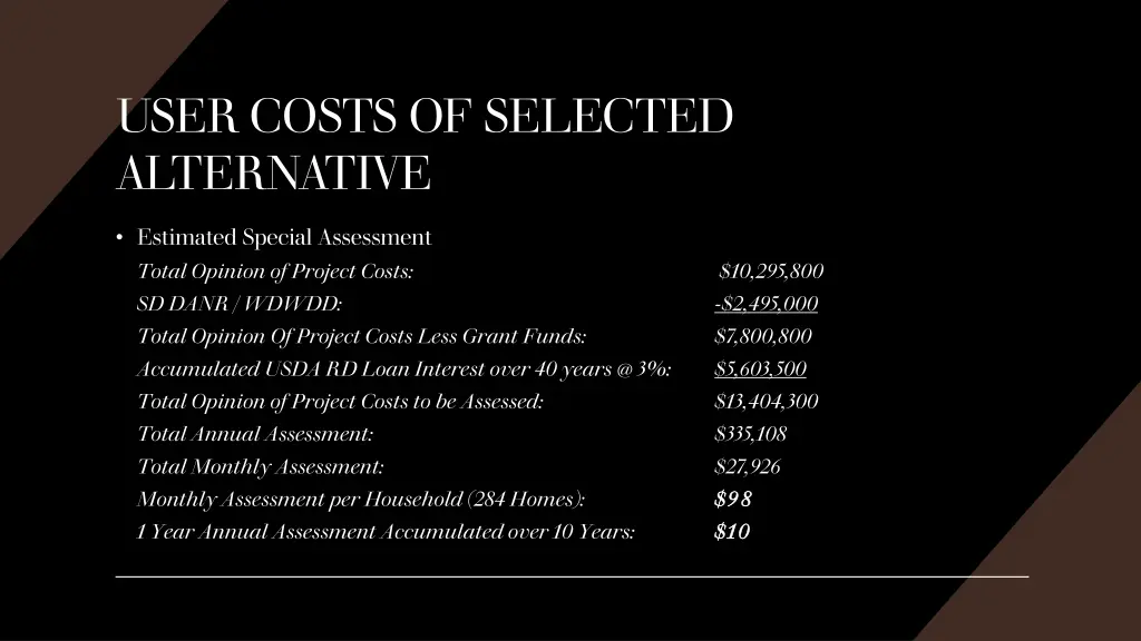 user costs of selected alternative 1